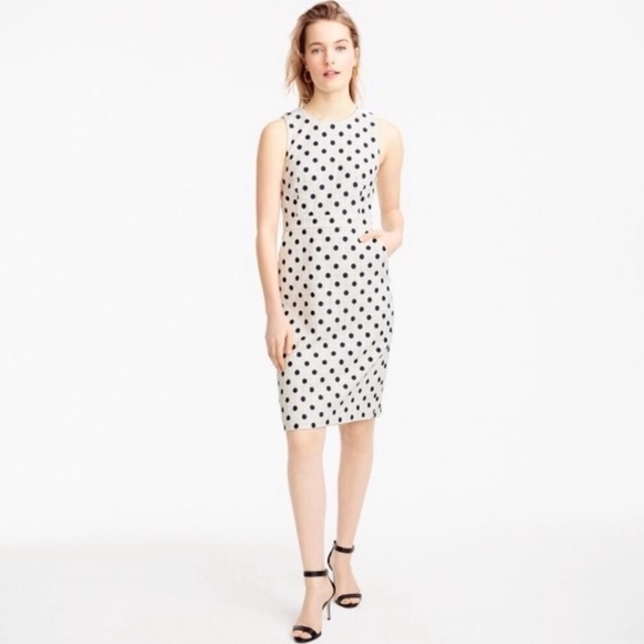 J CREW White Navy Polka Dot Cotton Tweed Band Waist Sheath Dress 4T - Picture 2 of 9